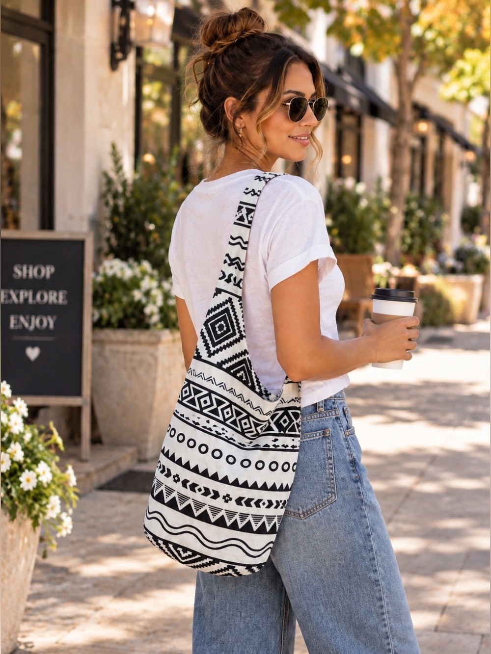 Boho Oversized Hobo Sling Bag Black White Geometric Shoulder Tote